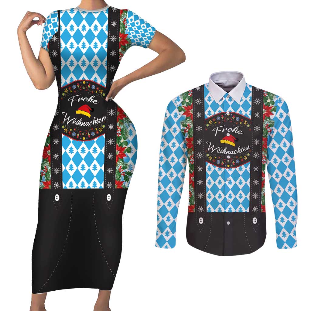 German Christmas Couples Matching Short Sleeve Bodycon Dress and Long Sleeve Button Shirt Lederhosen Weihnachten Style with Bavaria Pattern - Wonder Print Shop