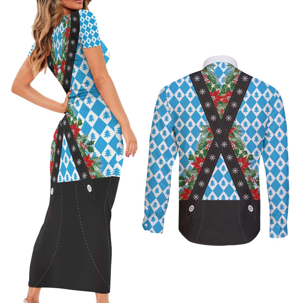 German Christmas Couples Matching Short Sleeve Bodycon Dress and Long Sleeve Button Shirt Lederhosen Weihnachten Style with Bavaria Pattern - Wonder Print Shop