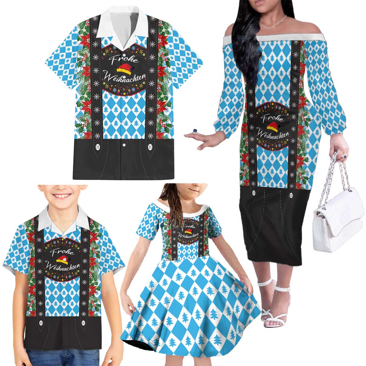 German Christmas Family Matching Off The Shoulder Long Sleeve Dress and Hawaiian Shirt Lederhosen Weihnachten Style with Bavaria Pattern - Wonder Print Shop
