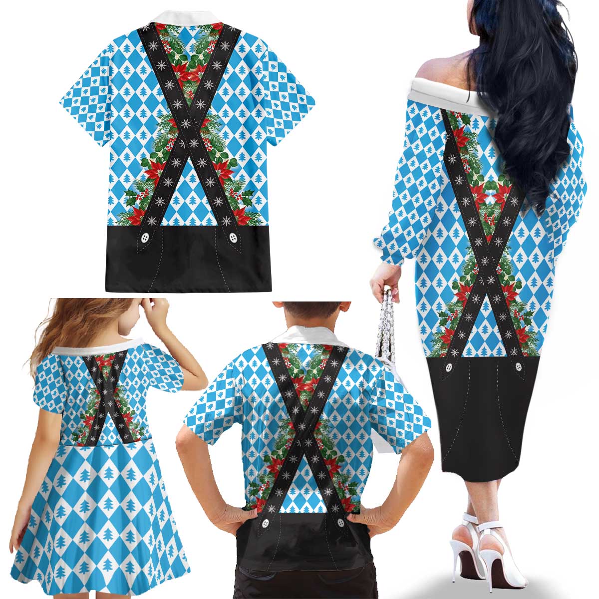 German Christmas Family Matching Off The Shoulder Long Sleeve Dress and Hawaiian Shirt Lederhosen Weihnachten Style with Bavaria Pattern - Wonder Print Shop