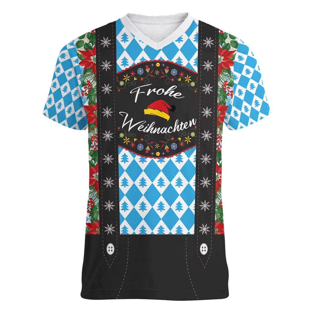 German Christmas Women V-Neck T-Shirt Lederhosen Weihnachten Style with Bavaria Pattern - Wonder Print Shop