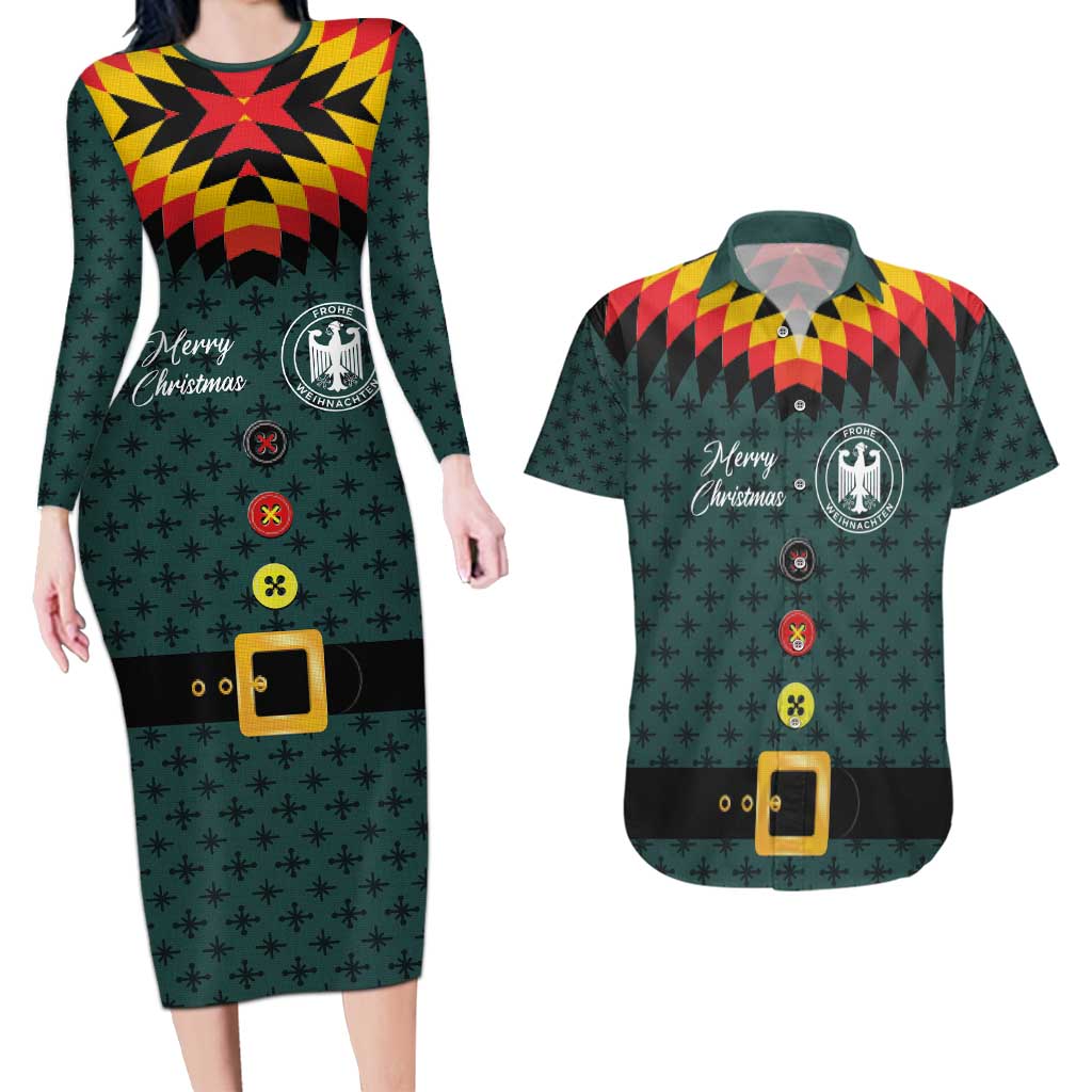 Custom German Christmas Couples Matching Long Sleeve Bodycon Dress and Hawaiian Shirt German Football Jersey mix Santa Suit Style - Wonder Print Shop