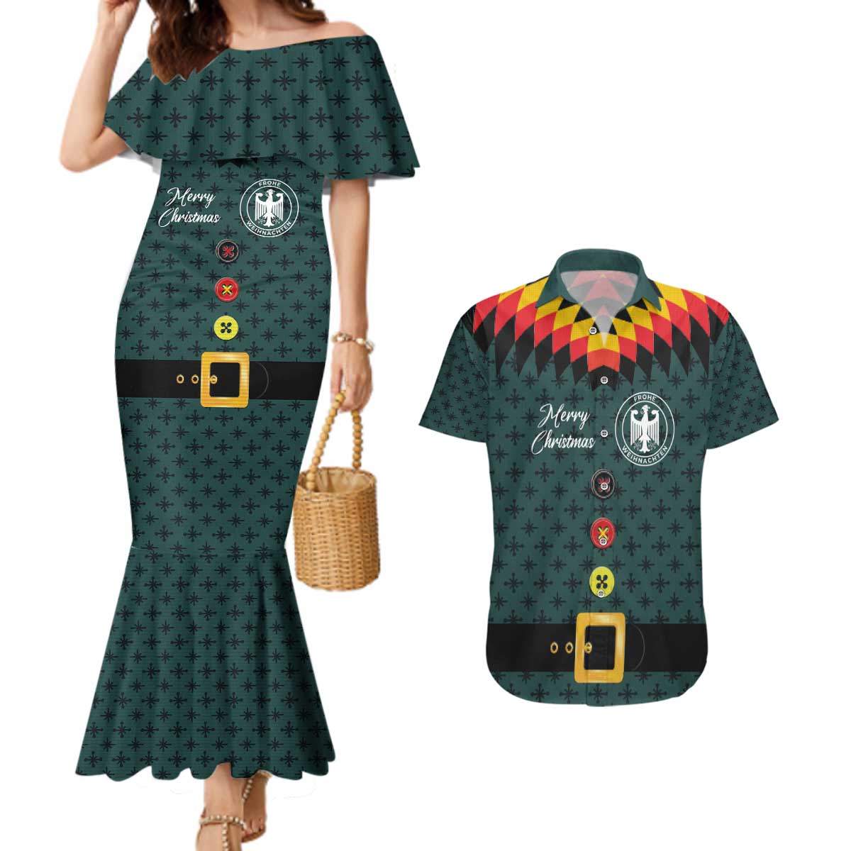 Custom German Christmas Couples Matching Mermaid Dress and Hawaiian Shirt German Football Jersey mix Santa Suit Style - Wonder Print Shop