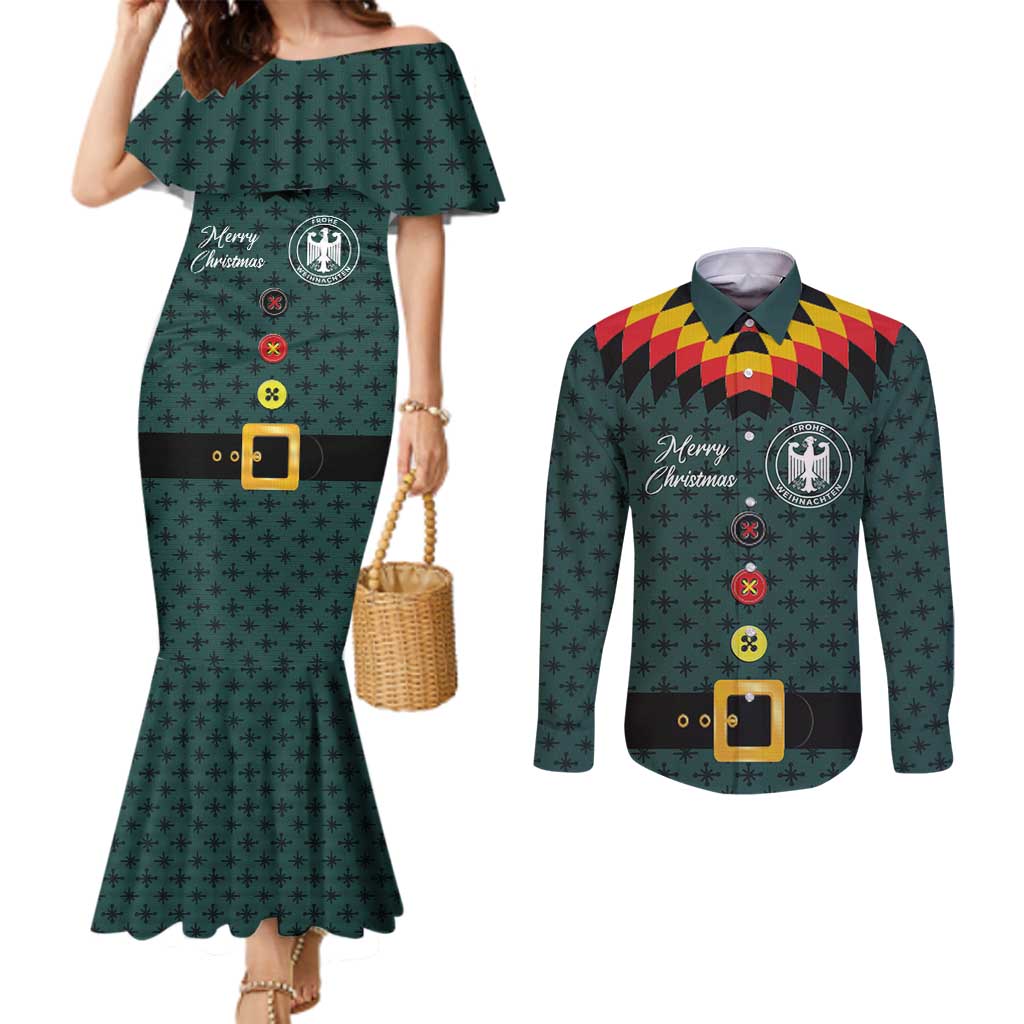 Custom German Christmas Couples Matching Mermaid Dress and Long Sleeve Button Shirt German Football Jersey mix Santa Suit Style