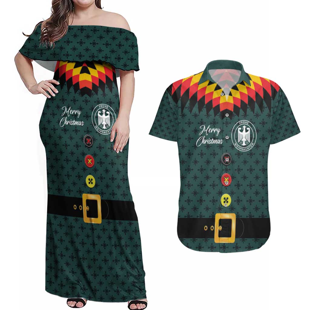 Custom German Christmas Couples Matching Off Shoulder Maxi Dress and Hawaiian Shirt German Football Jersey mix Santa Suit Style - Wonder Print Shop