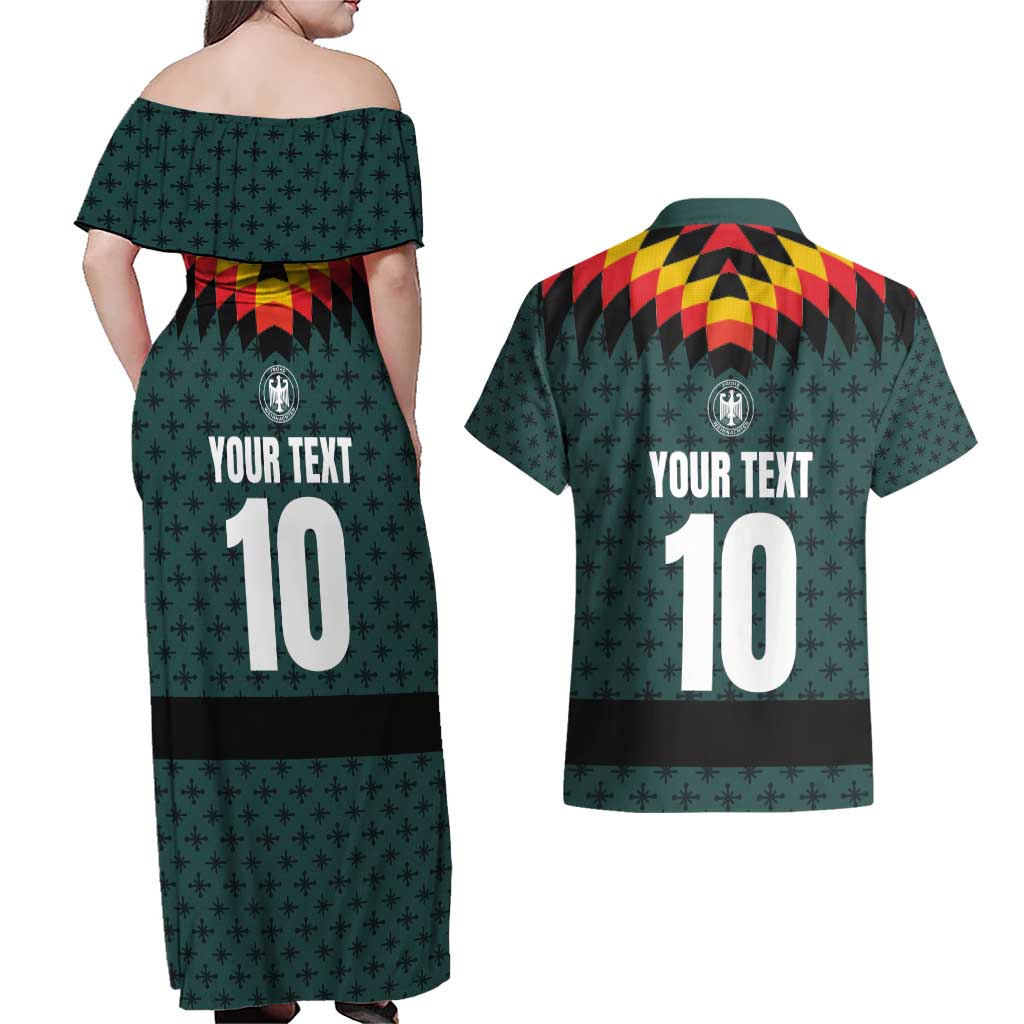Custom German Christmas Couples Matching Off Shoulder Maxi Dress and Hawaiian Shirt German Football Jersey mix Santa Suit Style - Wonder Print Shop