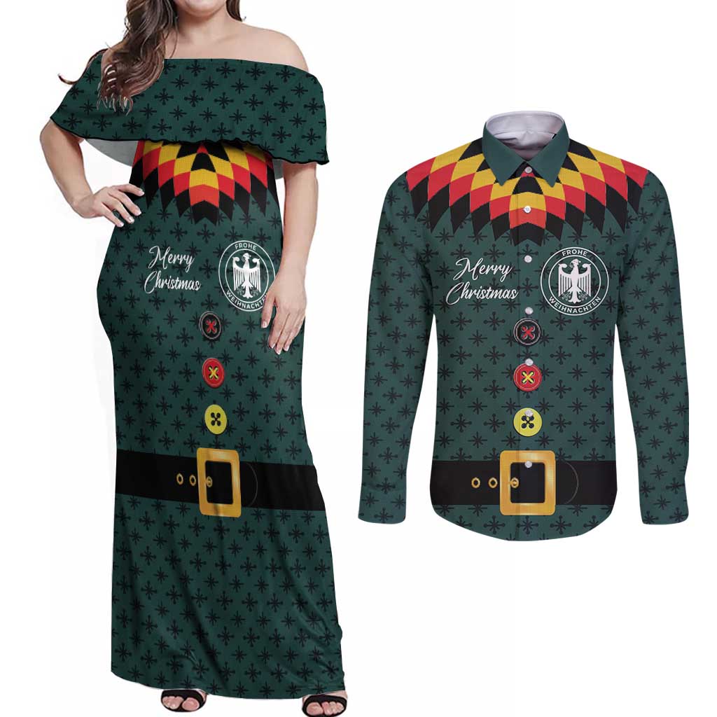 Custom German Christmas Couples Matching Off Shoulder Maxi Dress and Long Sleeve Button Shirt German Football Jersey mix Santa Suit Style - Wonder Print Shop
