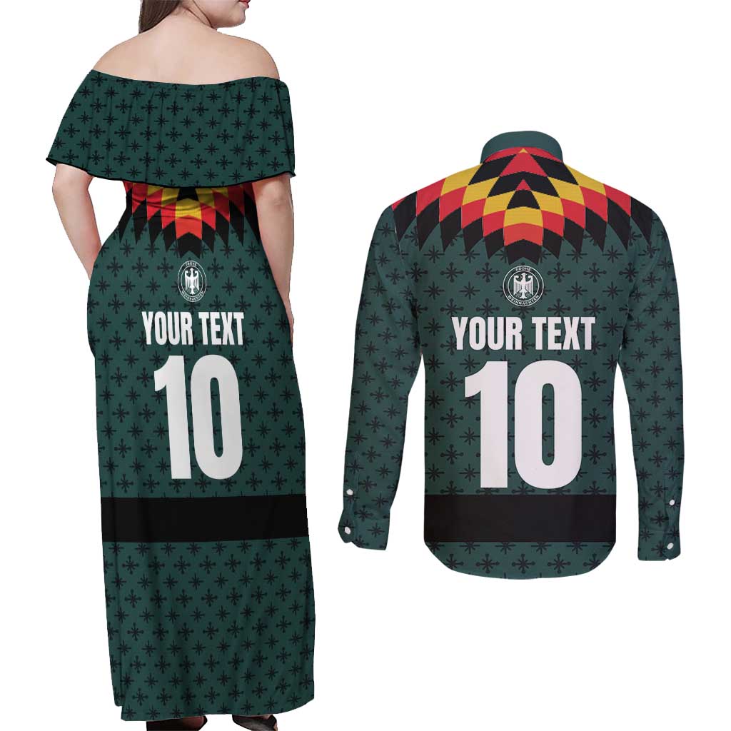 Custom German Christmas Couples Matching Off Shoulder Maxi Dress and Long Sleeve Button Shirt German Football Jersey mix Santa Suit Style - Wonder Print Shop