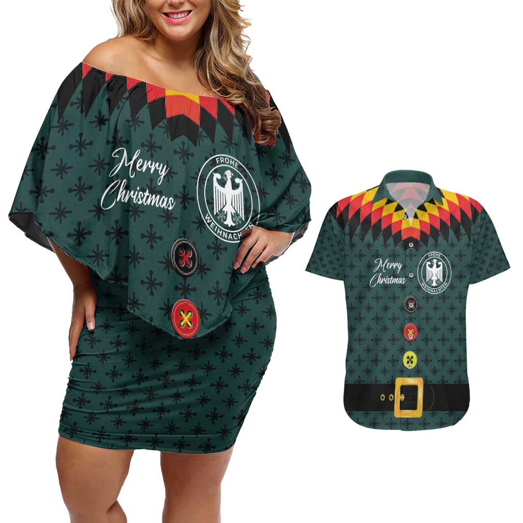 Custom German Christmas Couples Matching Off Shoulder Short Dress and Hawaiian Shirt German Football Jersey mix Santa Suit Style - Wonder Print Shop