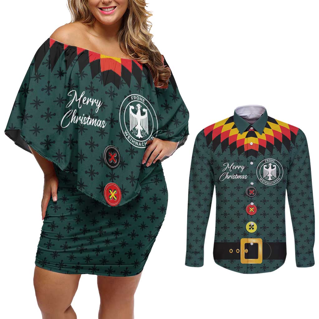 Custom German Christmas Couples Matching Off Shoulder Short Dress and Long Sleeve Button Shirt German Football Jersey mix Santa Suit Style - Wonder Print Shop