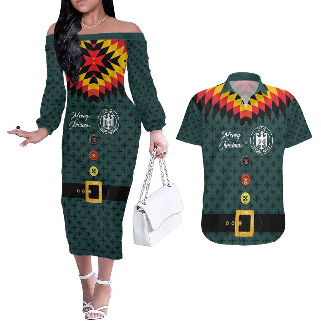 Custom German Christmas Couples Matching Off The Shoulder Long Sleeve Dress and Hawaiian Shirt German Football Jersey mix Santa Suit Style - Wonder Print Shop