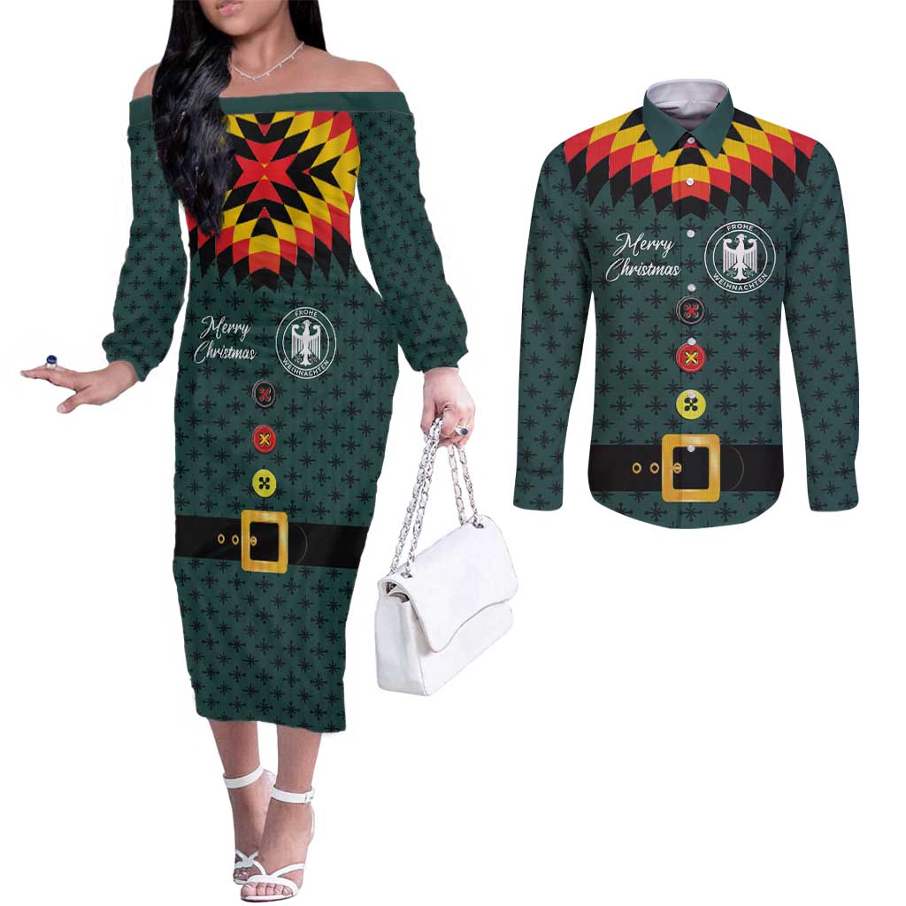 Custom German Christmas Couples Matching Off The Shoulder Long Sleeve Dress and Long Sleeve Button Shirt German Football Jersey mix Santa Suit Style