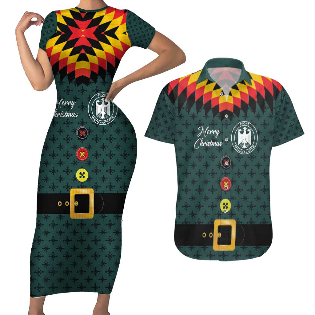 Custom German Christmas Couples Matching Short Sleeve Bodycon Dress and Hawaiian Shirt German Football Jersey mix Santa Suit Style - Wonder Print Shop