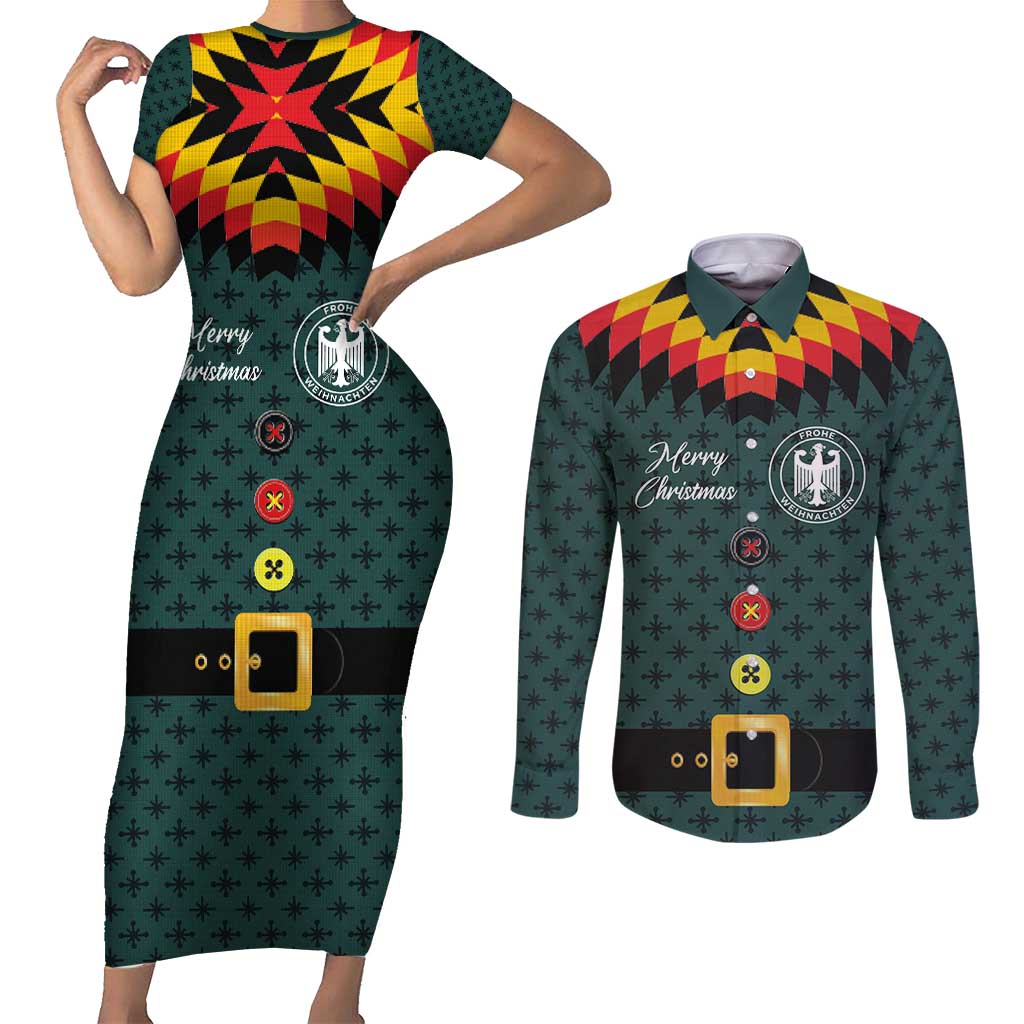Custom German Christmas Couples Matching Short Sleeve Bodycon Dress and Long Sleeve Button Shirt German Football Jersey mix Santa Suit Style - Wonder Print Shop