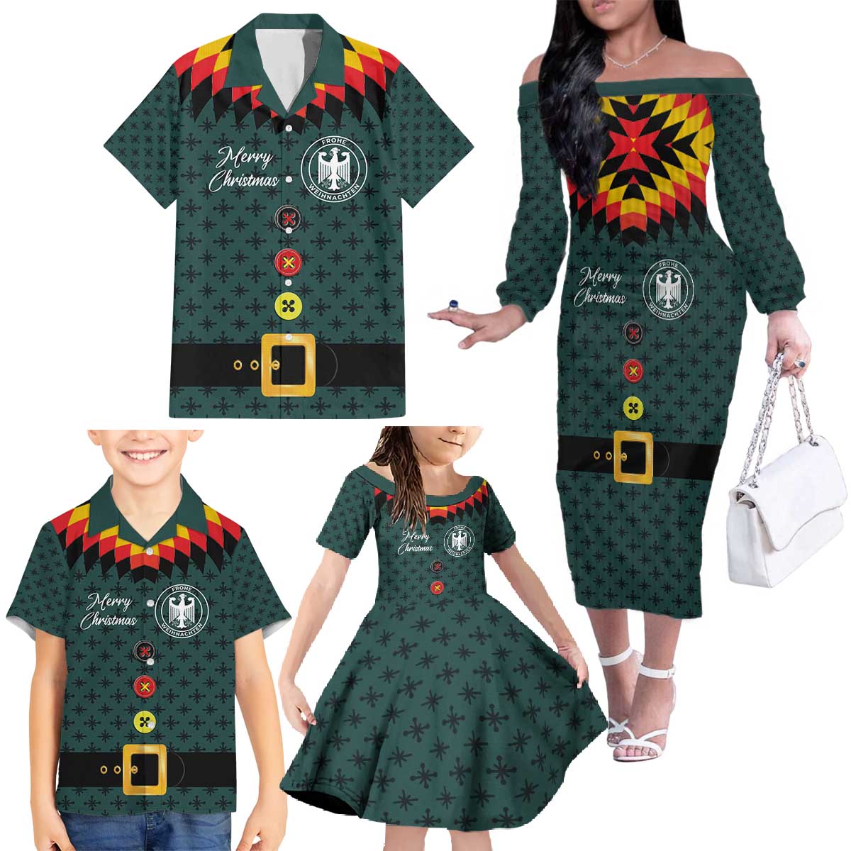 Custom German Christmas Family Matching Off The Shoulder Long Sleeve Dress and Hawaiian Shirt German Football Jersey mix Santa Suit Style - Wonder Print Shop