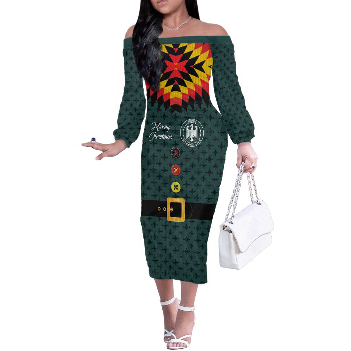 Custom German Christmas Family Matching Off The Shoulder Long Sleeve Dress and Hawaiian Shirt German Football Jersey mix Santa Suit Style - Wonder Print Shop