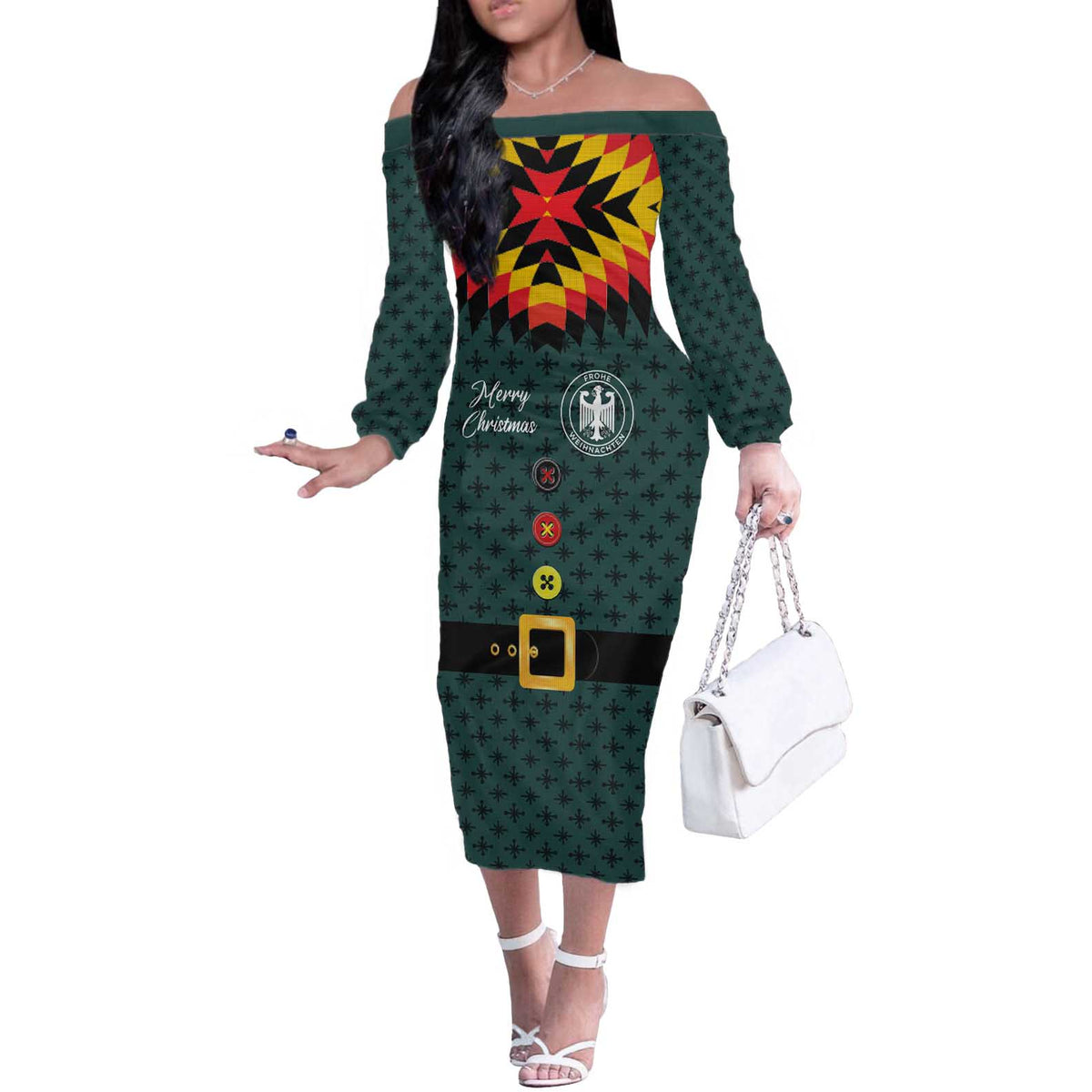 Custom German Christmas Off The Shoulder Long Sleeve Dress German Football Jersey mix Santa Suit Style - Wonder Print Shop