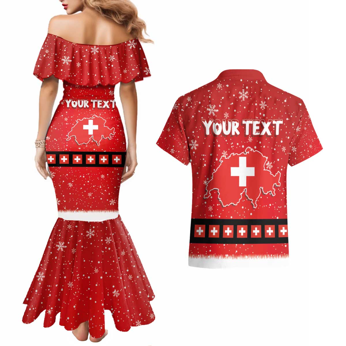 Personalized Swiss Christmas - Designed in Santa Suit Couples Matching Mermaid Dress and Hawaiian Shirt - Wonder Print Shop