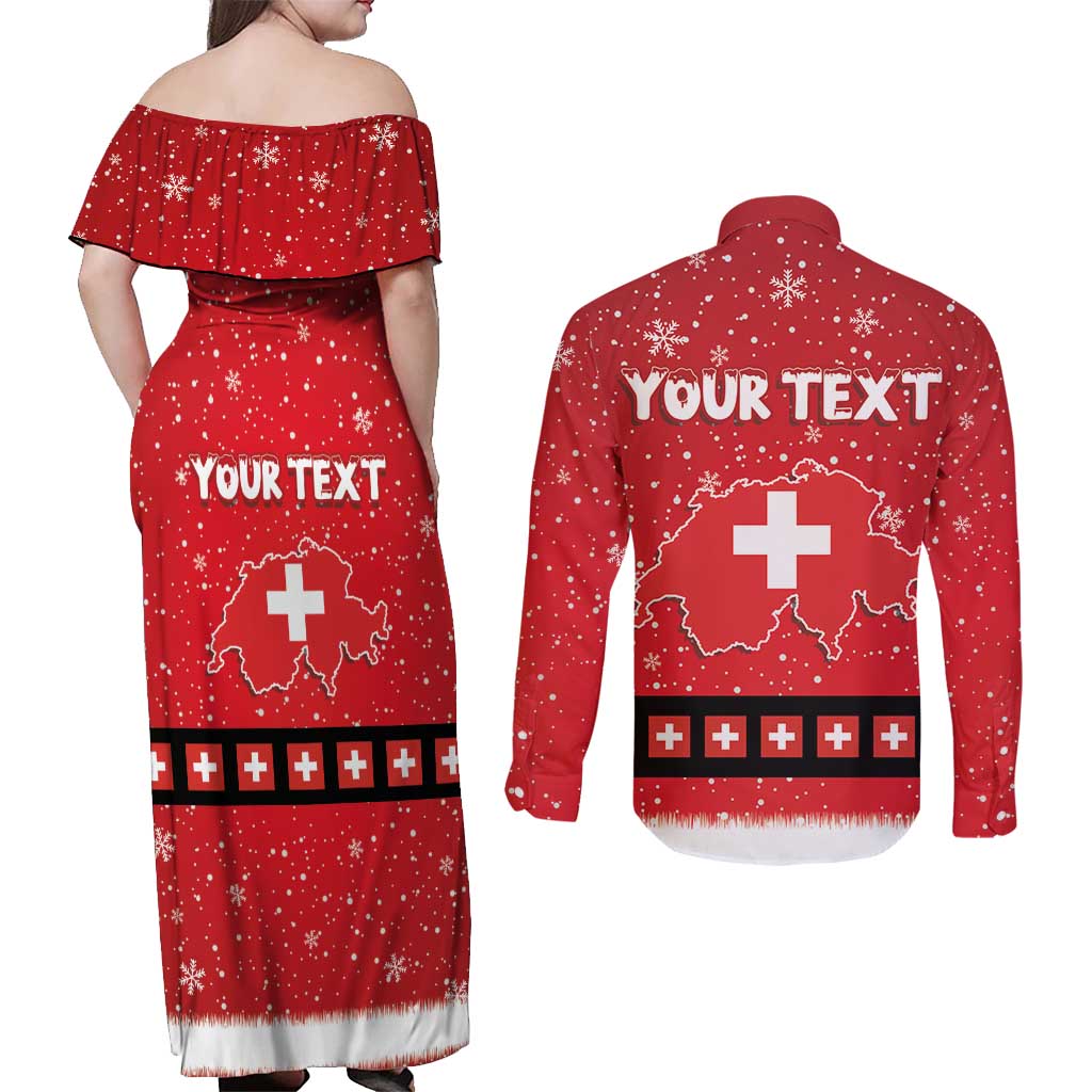 Personalized Swiss Christmas - Designed in Santa Suit Couples Matching Off Shoulder Maxi Dress and Long Sleeve Button Shirt - Wonder Print Shop