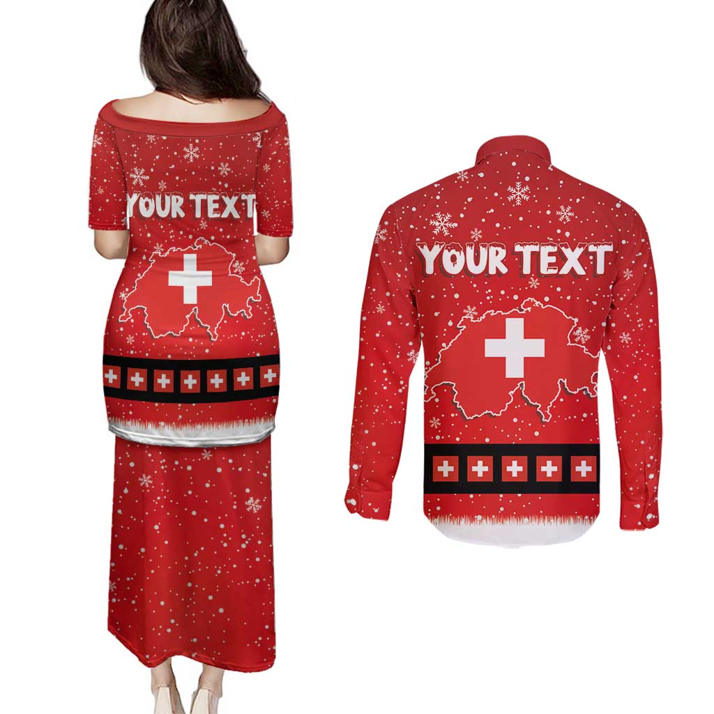 Personalized Swiss Christmas - Designed in Santa Suit Couples Matching Puletasi and Long Sleeve Button Shirt - Wonder Print Shop