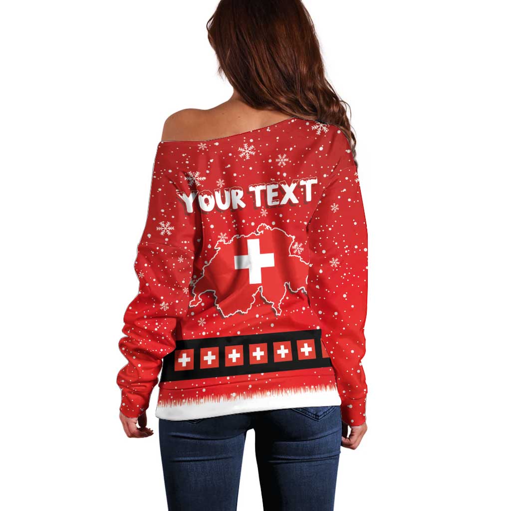 Personalized Swiss Christmas - Designed in Santa Suit Off Shoulder Sweater - Wonder Print Shop
