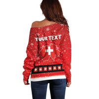 Personalized Swiss Christmas - Designed in Santa Suit Off Shoulder Sweater - Wonder Print Shop