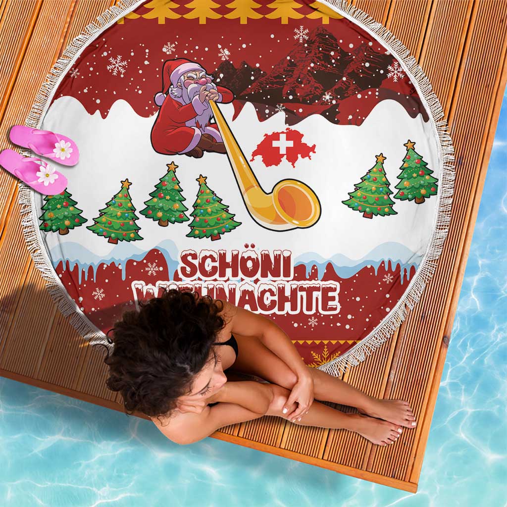 Swiss Santa Plays The Alphorn Christmas Beach Blanket The Matterhorn with Christmas Elements - Wonder Print Shop