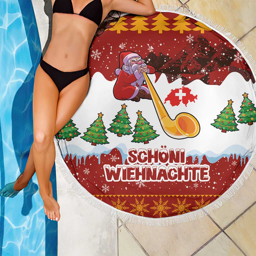 Swiss Santa Plays The Alphorn Christmas Beach Blanket The Matterhorn with Christmas Elements - Wonder Print Shop