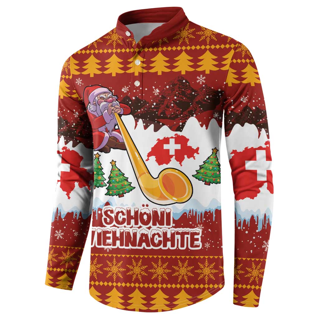 Swiss Santa Plays The Alphorn Christmas Button Sweatshirt The Matterhorn with Christmas Elements - Wonder Print Shop