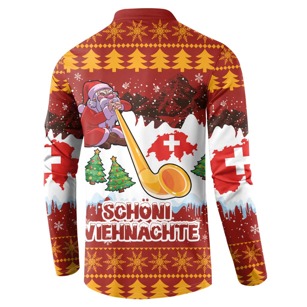 Swiss Santa Plays The Alphorn Christmas Button Sweatshirt The Matterhorn with Christmas Elements - Wonder Print Shop
