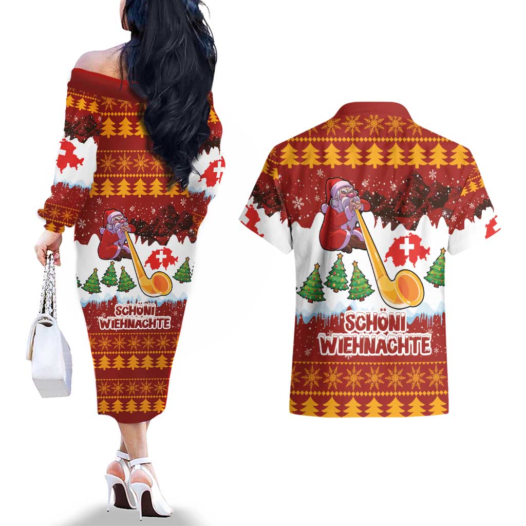 Swiss Santa Plays The Alphorn Christmas Couples Matching Off The Shoulder Long Sleeve Dress and Hawaiian Shirt The Matterhorn with Christmas Elements - Wonder Print Shop