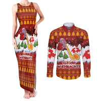 Swiss Santa Plays The Alphorn Christmas Couples Matching Tank Maxi Dress and Long Sleeve Button Shirt The Matterhorn with Christmas Elements - Wonder Print Shop