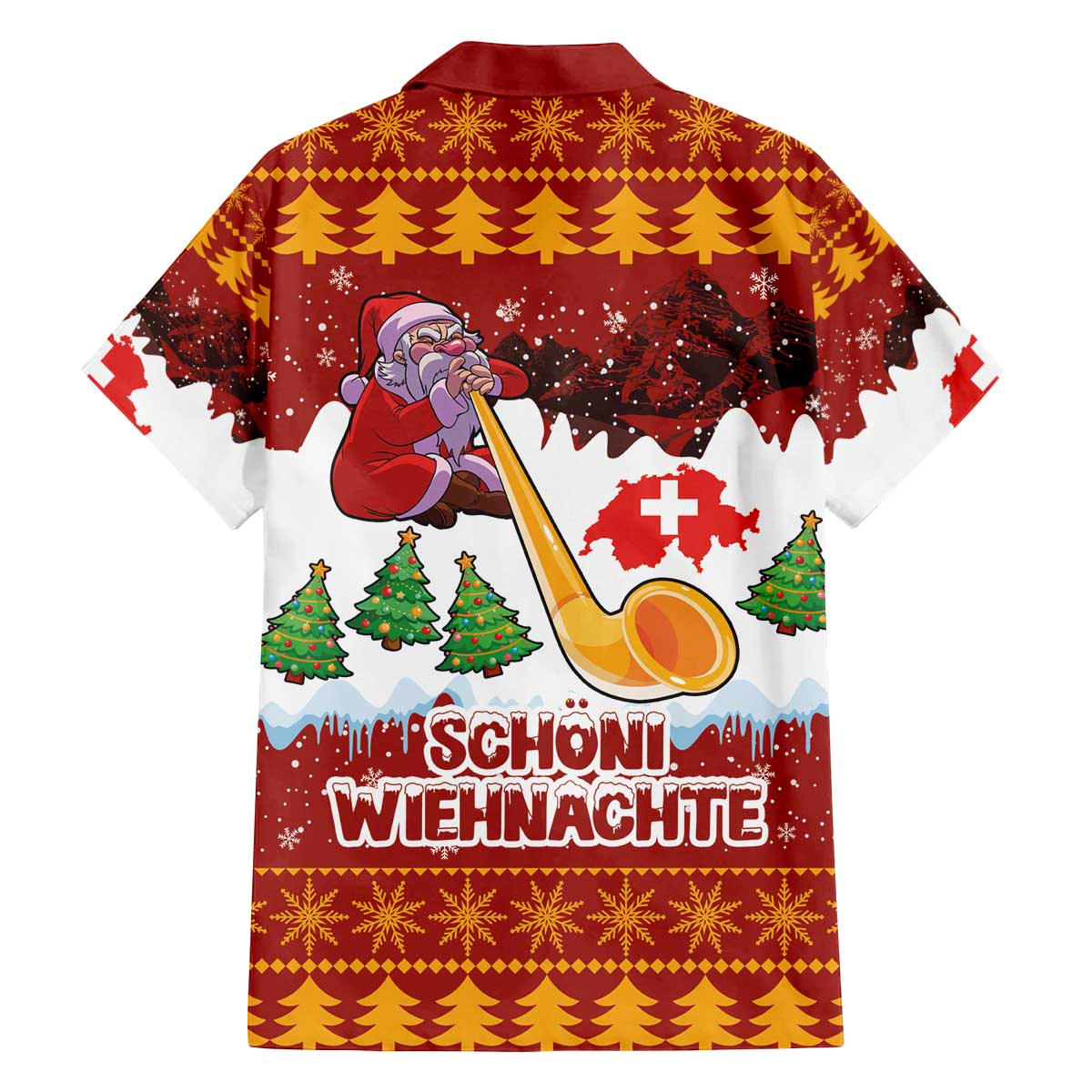Swiss Santa Plays The Alphorn Christmas Family Matching Off The Shoulder Long Sleeve Dress and Hawaiian Shirt The Matterhorn with Christmas Elements - Wonder Print Shop