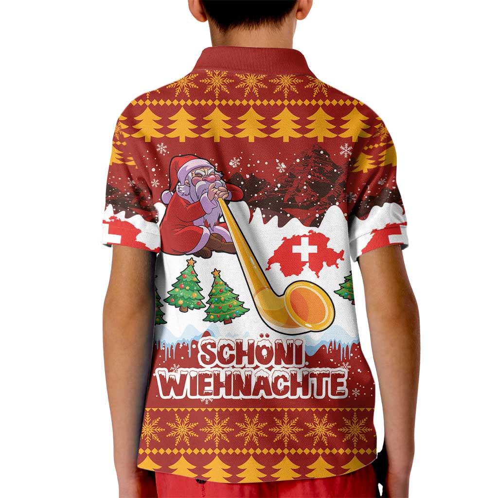 Swiss Santa Plays The Alphorn Christmas Kid Polo Shirt The Matterhorn with Christmas Elements - Wonder Print Shop