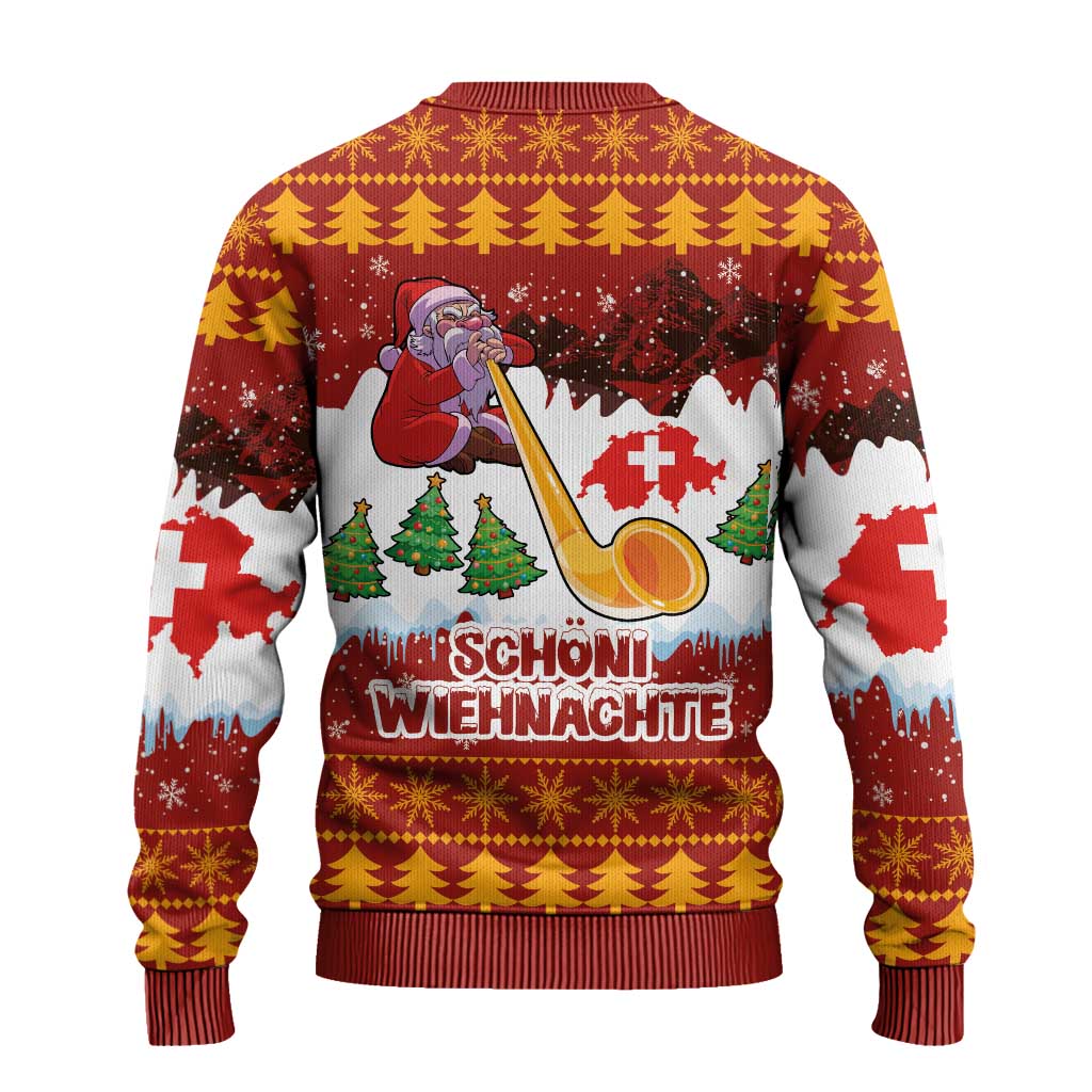 Swiss Santa Plays The Alphorn Christmas Ugly Christmas Sweater The Matterhorn with Christmas Elements - Wonder Print Shop