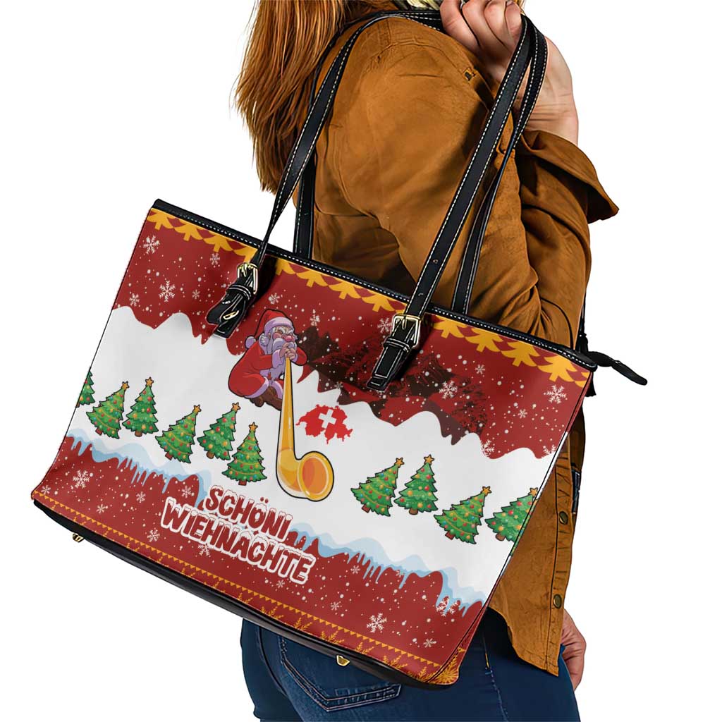Swiss Santa Plays The Alphorn Christmas Leather Tote Bag The Matterhorn with Christmas Elements - Wonder Print Shop