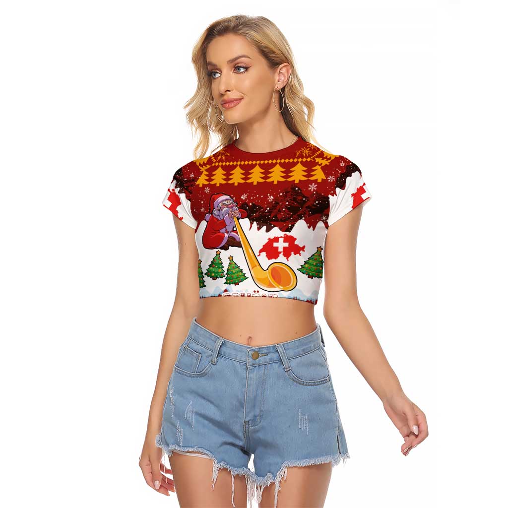 Swiss Santa Plays The Alphorn Christmas Raglan Cropped T Shirt The Matterhorn with Christmas Elements - Wonder Print Shop