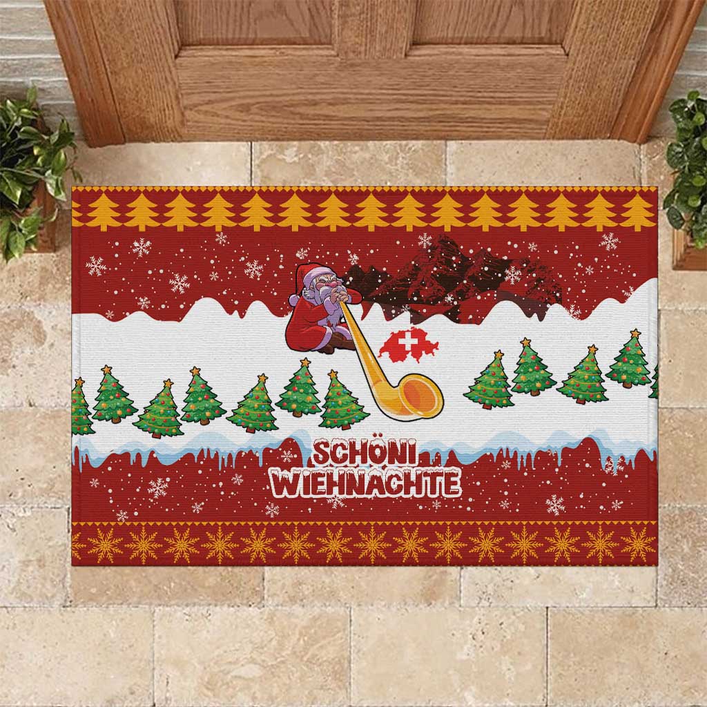 Swiss Santa Plays The Alphorn Christmas Rubber Doormat The Matterhorn with Christmas Elements - Wonder Print Shop