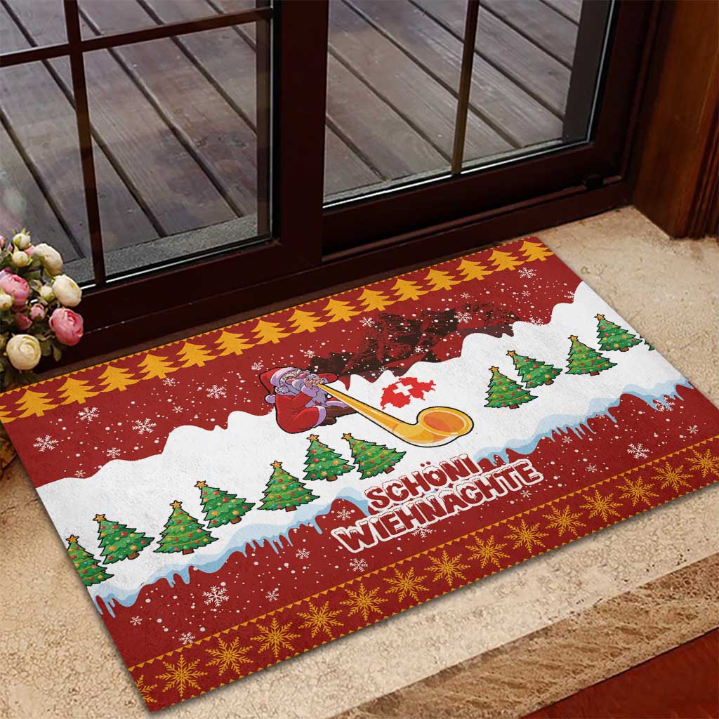 Swiss Santa Plays The Alphorn Christmas Rubber Doormat The Matterhorn with Christmas Elements - Wonder Print Shop