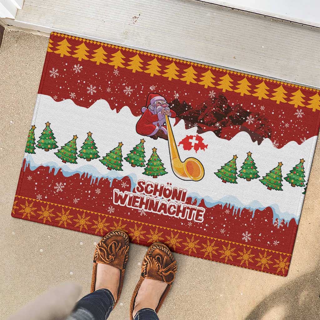 Swiss Santa Plays The Alphorn Christmas Rubber Doormat The Matterhorn with Christmas Elements - Wonder Print Shop