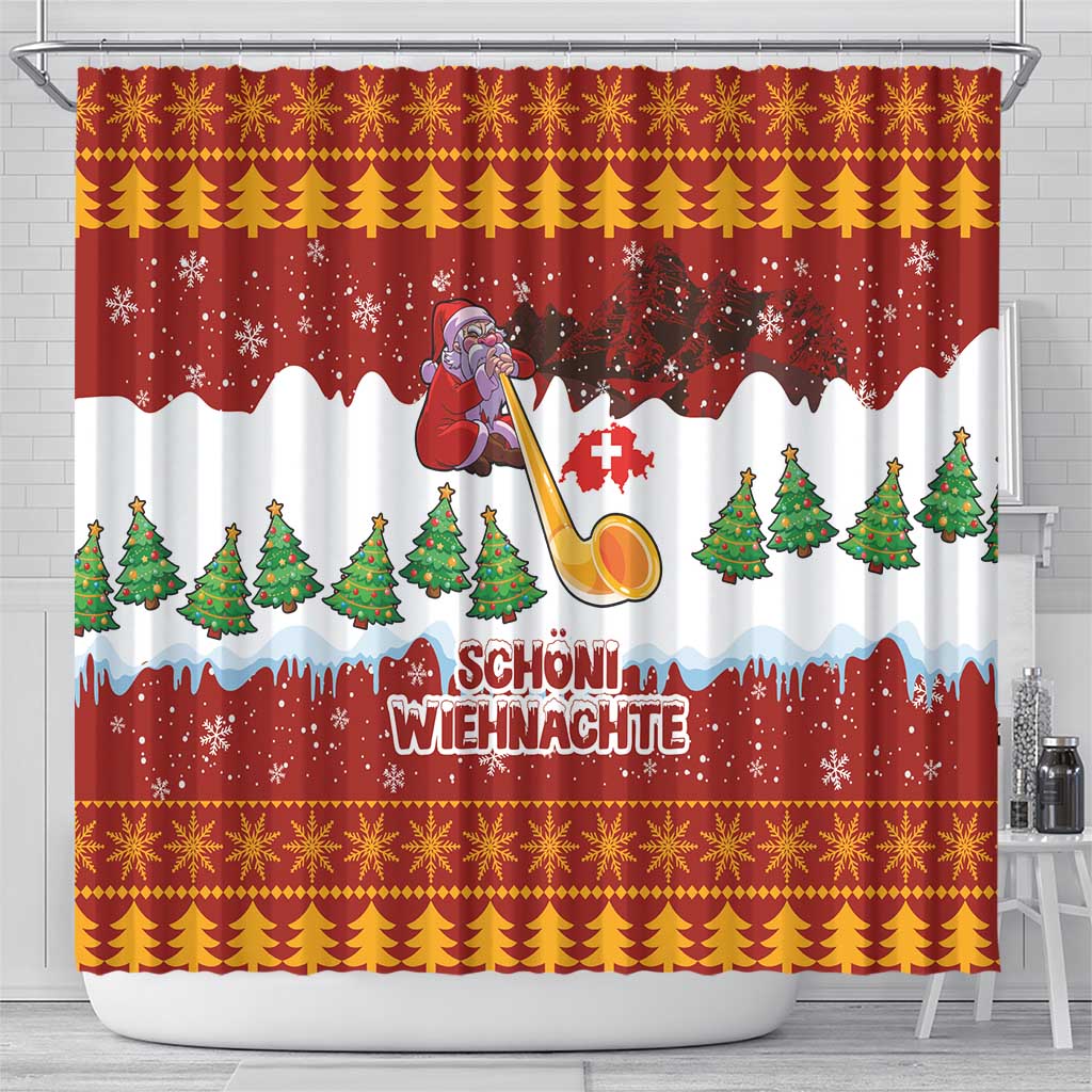 Swiss Santa Plays The Alphorn Christmas Shower Curtain The Matterhorn with Christmas Elements