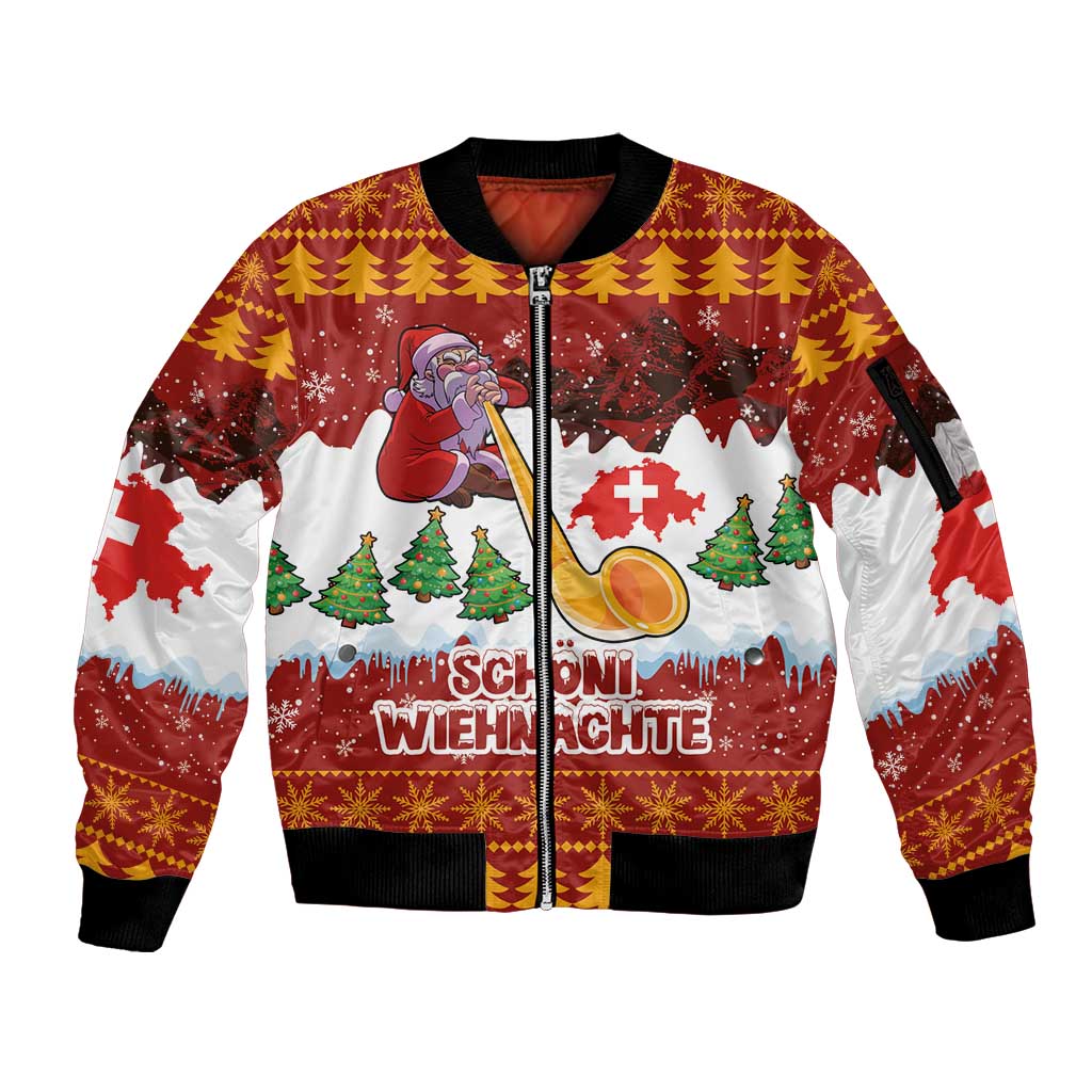 Swiss Santa Plays The Alphorn Christmas Sleeve Zip Bomber Jacket The Matterhorn with Christmas Elements - Wonder Print Shop