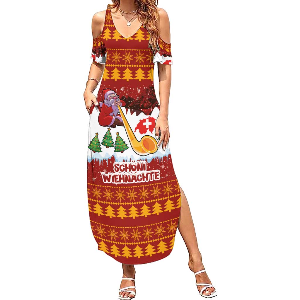 Swiss Santa Plays The Alphorn Christmas Summer Maxi Dress The Matterhorn with Christmas Elements - Wonder Print Shop