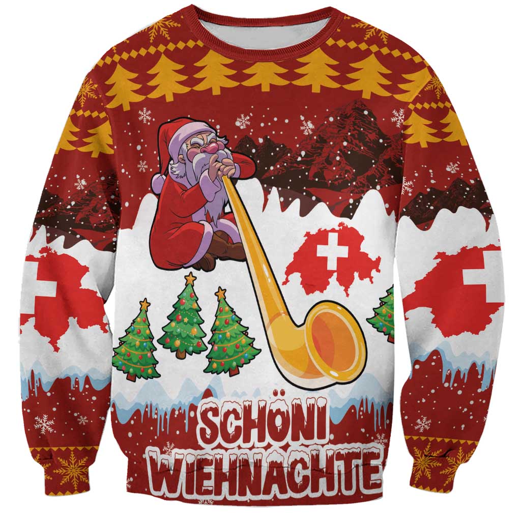 Swiss Santa Plays The Alphorn Christmas Sweatshirt The Matterhorn with Christmas Elements - Wonder Print Shop