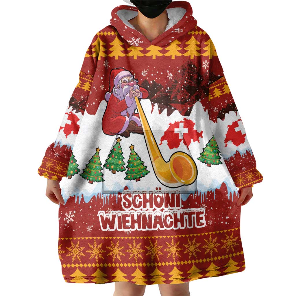 Swiss Santa Plays The Alphorn Christmas Wearable Blanket Hoodie The Matterhorn with Christmas Elements - Wonder Print Shop