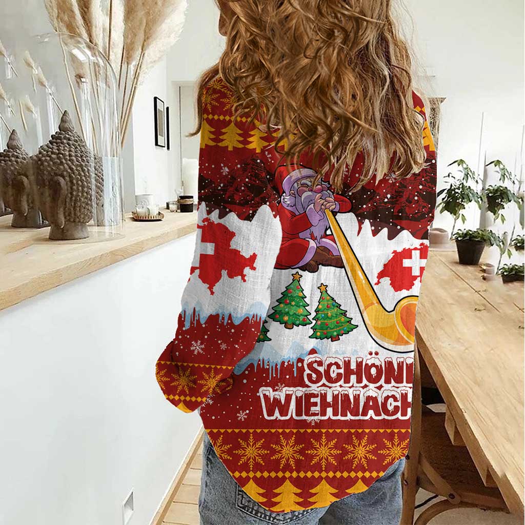 Swiss Santa Plays The Alphorn Christmas Women Casual Shirt The Matterhorn with Christmas Elements - Wonder Print Shop