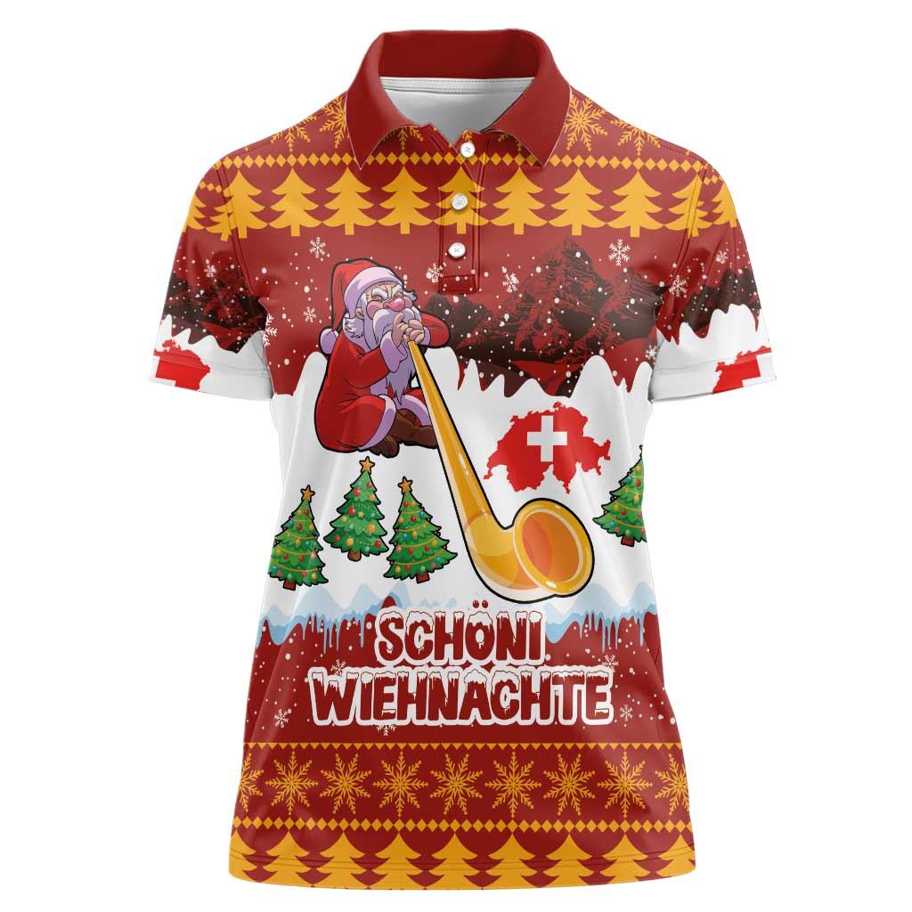 Swiss Santa Plays The Alphorn Christmas Women Polo Shirt The Matterhorn with Christmas Elements - Wonder Print Shop