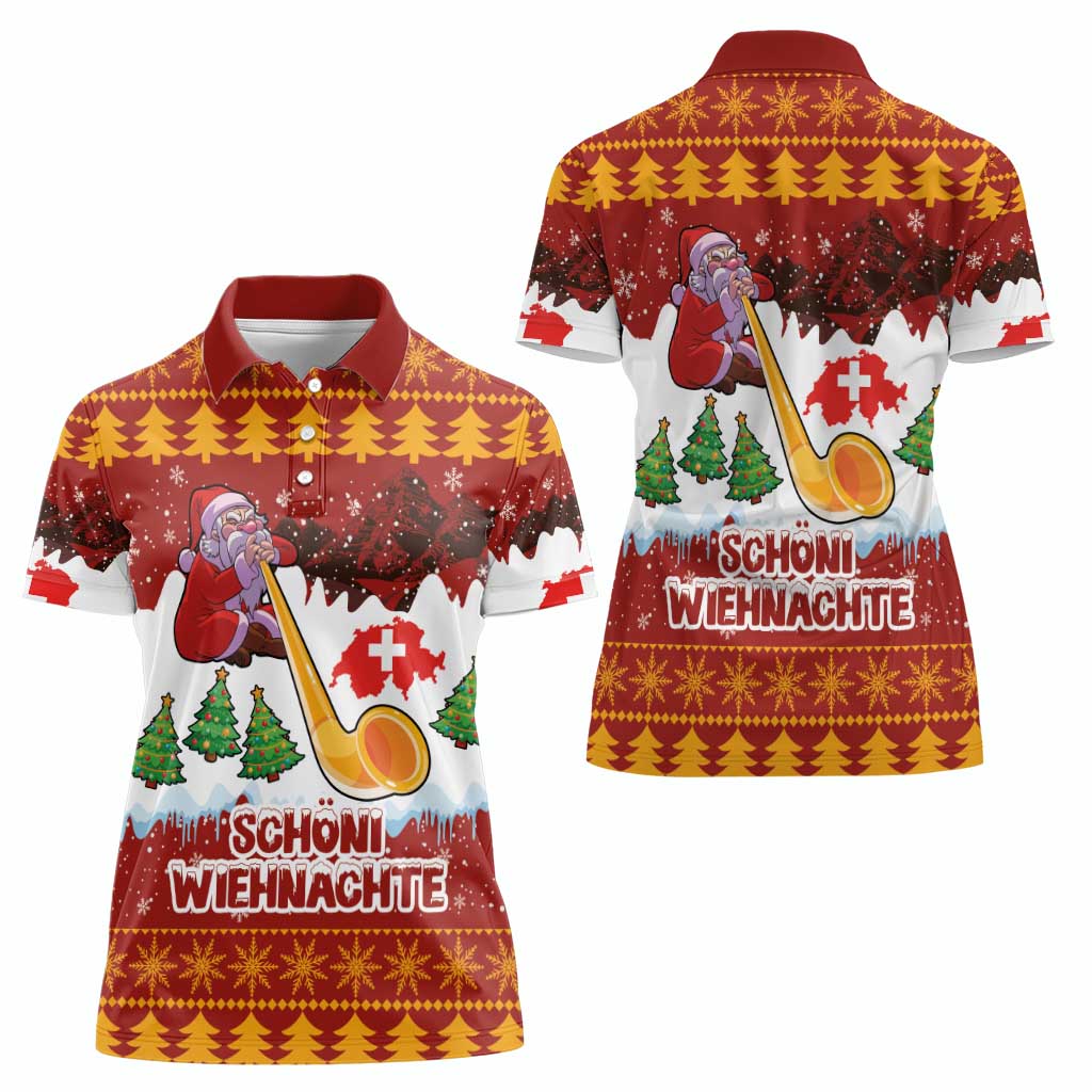 Swiss Santa Plays The Alphorn Christmas Women Polo Shirt The Matterhorn with Christmas Elements - Wonder Print Shop