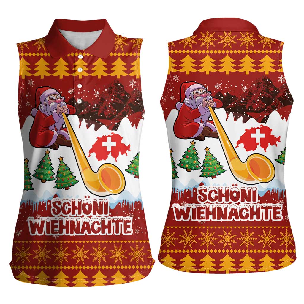 Swiss Santa Plays The Alphorn Christmas Women Sleeveless Polo Shirt The Matterhorn with Christmas Elements - Wonder Print Shop