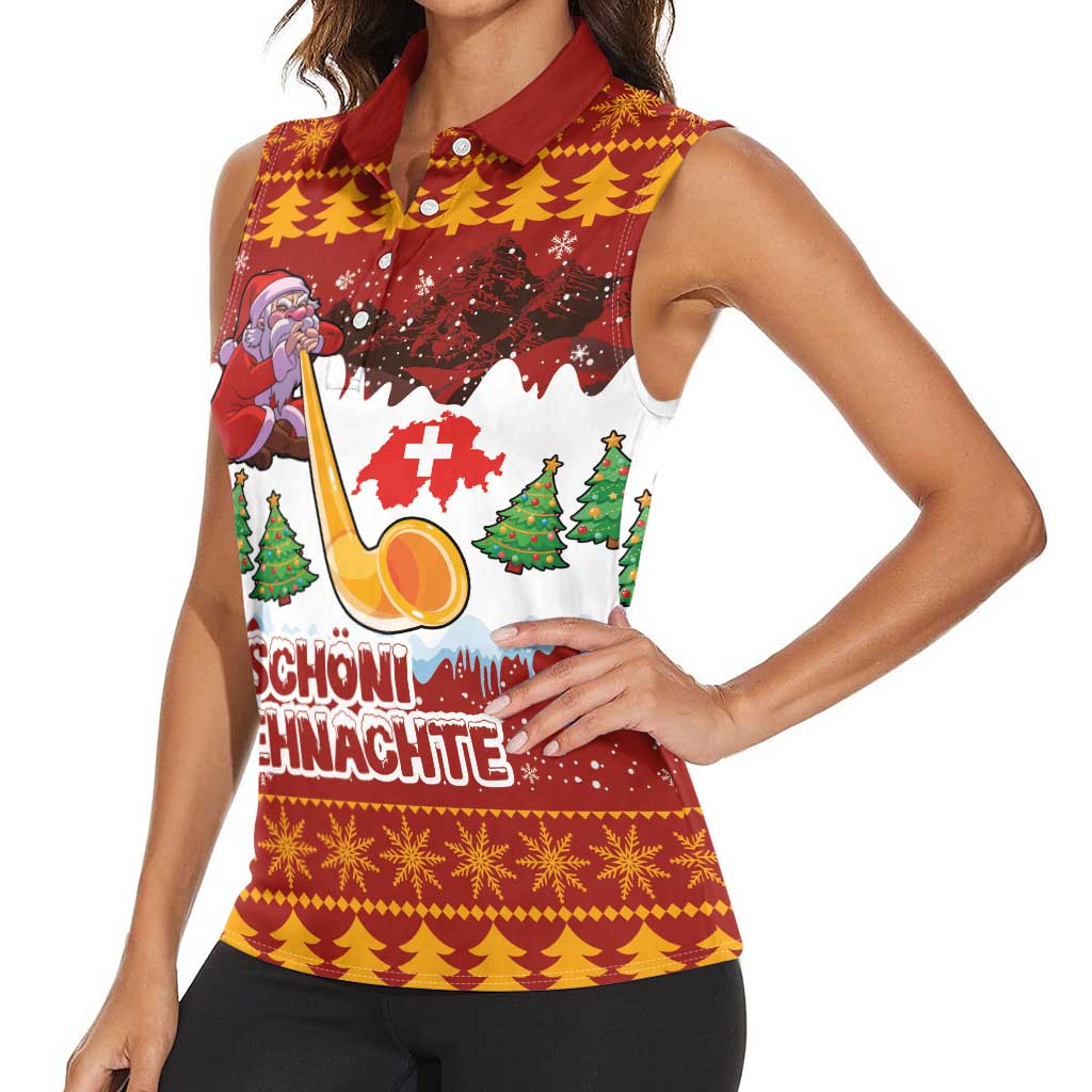 Swiss Santa Plays The Alphorn Christmas Women Sleeveless Polo Shirt The Matterhorn with Christmas Elements - Wonder Print Shop